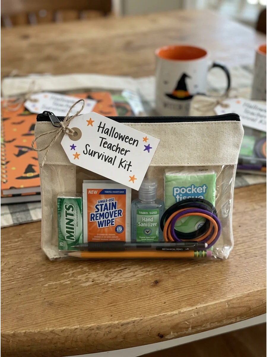 Teacher Survival Kit. Fill a zippered pouch with pain-free practical items such as mints, stain-remover wipes, hand sanitizer, tissues, hair ties, and pens. Label it “Halloween Tea
