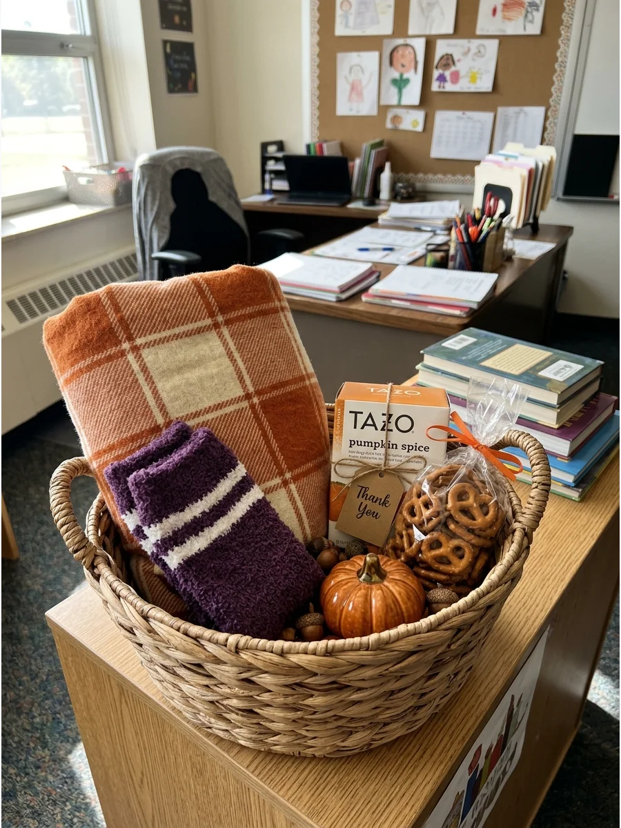 Fall Comfort Basket. Combine a small throw blanket, warm socks, tea, and a seasonal snack. Use a neutral fall palette so the gift feels cozy rather than overly spooky. Teacher Hall