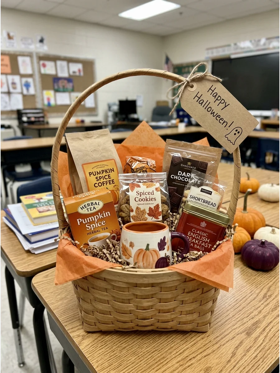 Pumpkin Spice Gift Basket. Add pumpkin-spice coffee, cookies, tea, and a small fall-themed cup to a basket. Include non-pumpkin alternatives when you are unsure whether the teacher