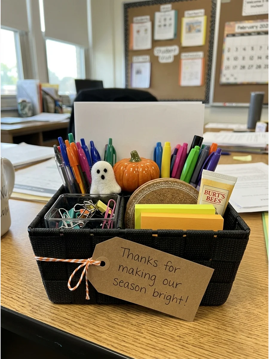 Desk Refresh Basket. Fill a small desk organizer with pens, clips, sticky notes, a coaster, and a compact hand lotion. Add a miniature pumpkin or ghost decoration for a Halloween t