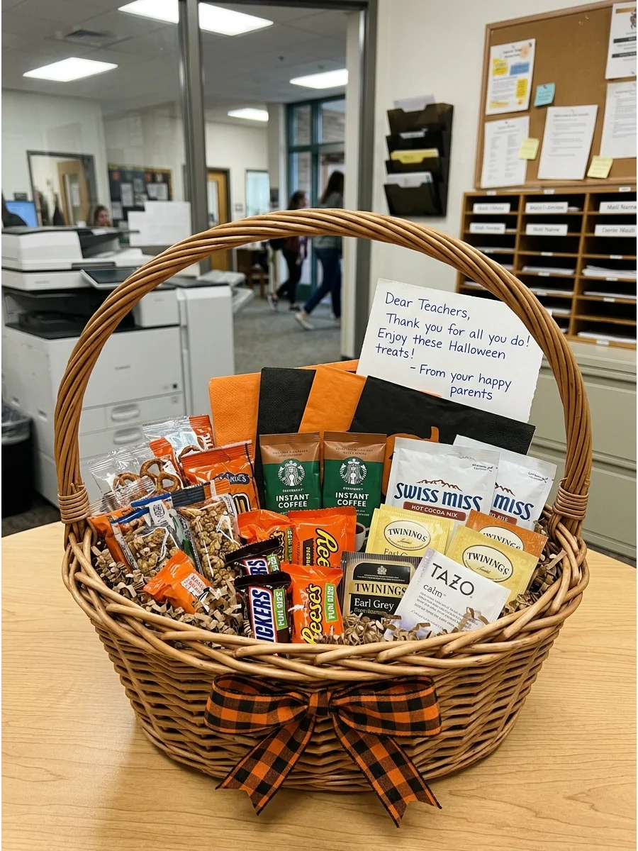 School Staff Appreciation Basket. Create one larger basket that several teachers or school staff members can share. Include individually wrapped snacks, coffee packets, tea, napkin