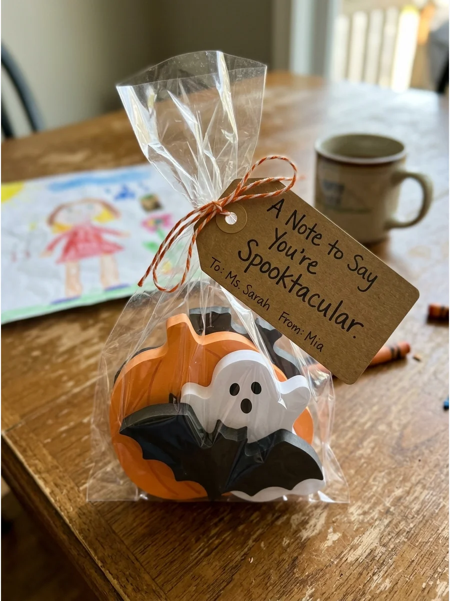 Spooky Sticky Note Bundle. Choose sticky notes shaped like pumpkins, ghosts, bats, or cats. Place them in a small clear bag with a tag that says, “A Note to Say You’re Spooktacular