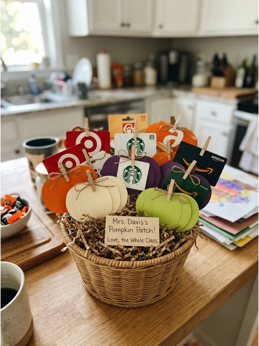 Gift Card Pumpkin Patch. Attach several small gift cards to paper pumpkins and arrange them inside a basket filled with shredded paper. Students or parents can contribute different