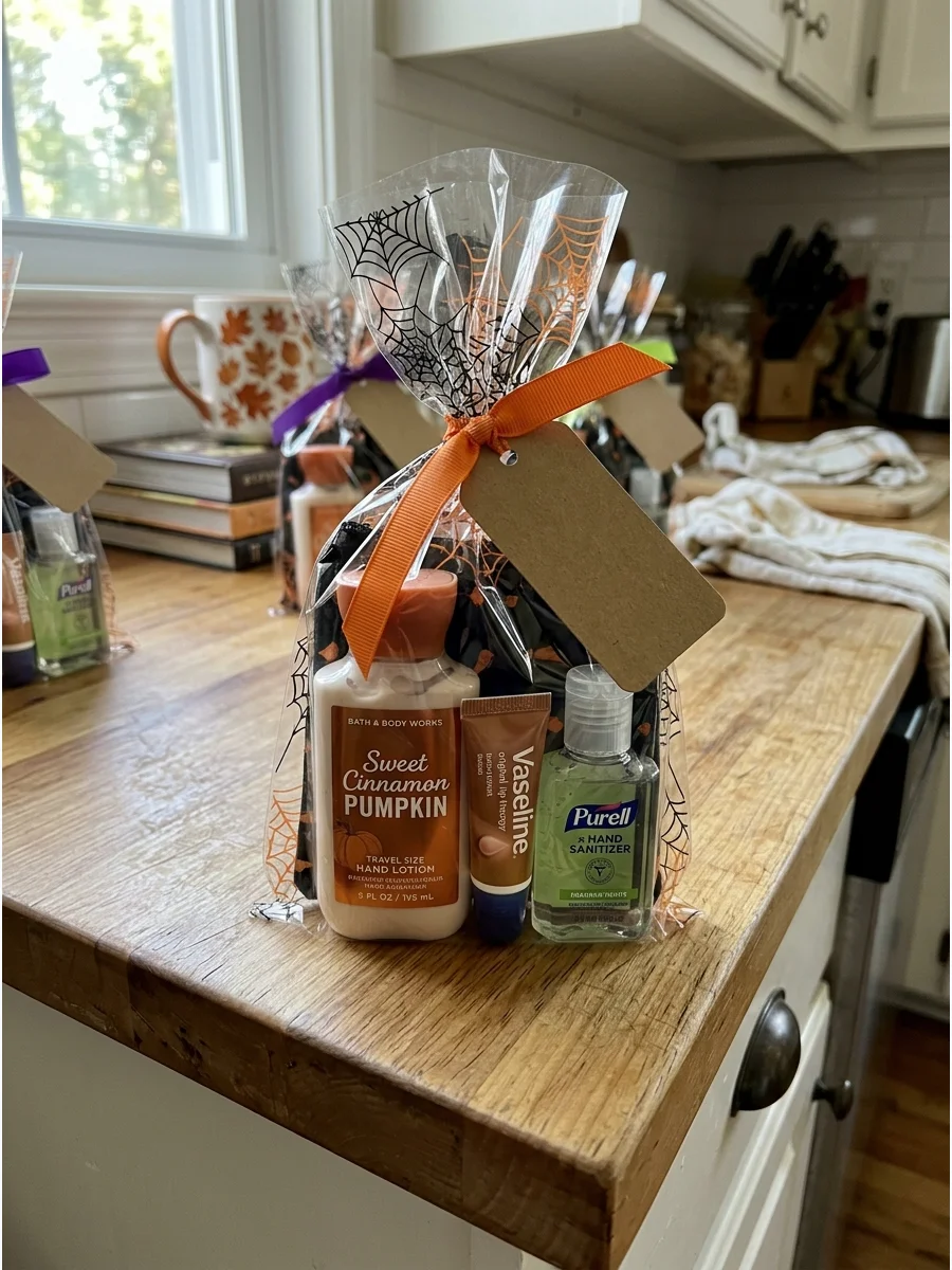 Mini Hand-Care Kit. Combine travel-size hand lotion, hand sanitizer, and lip balm in a Halloween pouch. This is an especially useful gift during the busy fall school season. Teache