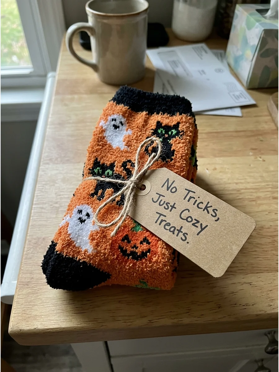 Halloween Socks. Gift a pair of cozy socks decorated with pumpkins, ghosts, candy corn, or black cats. Roll them neatly and attach a tag that says, “No Tricks, Just Cozy Treats.” T