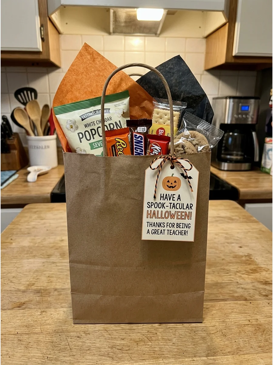 Teacher Treat Bag. Fill a Halloween paper bag with the teacher’s favorite candy, crackers, popcorn, or cookies. Add tissue paper and a simple printable teacher gift tag. Teacher Ha