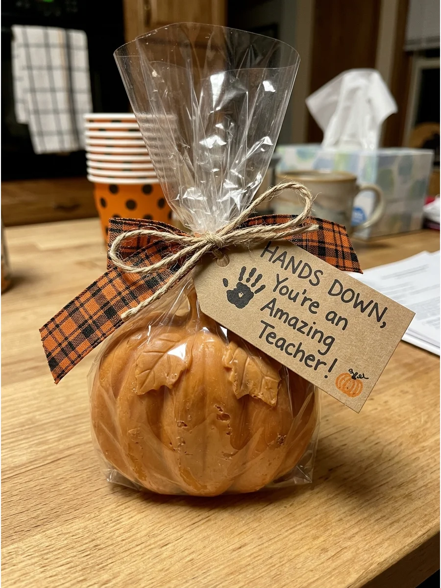 Pumpkin-Shaped Soap. Choose a small pumpkin, ghost, or fall-scented hand soap for the teacher’s home. Package it with a ribbon and a “Hands Down, You’re an Amazing Teacher” tag. Te