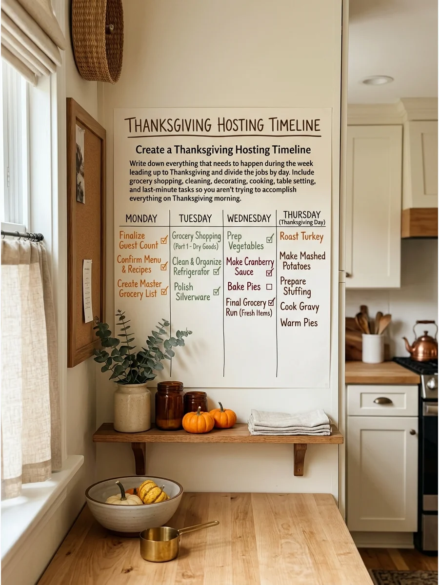 A kitchen wall calendar showing a daily schedule for Thanksgiving week tasks.