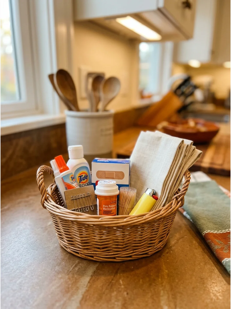A host emergency basket filled with helpful supplies on a kitchen counter.
