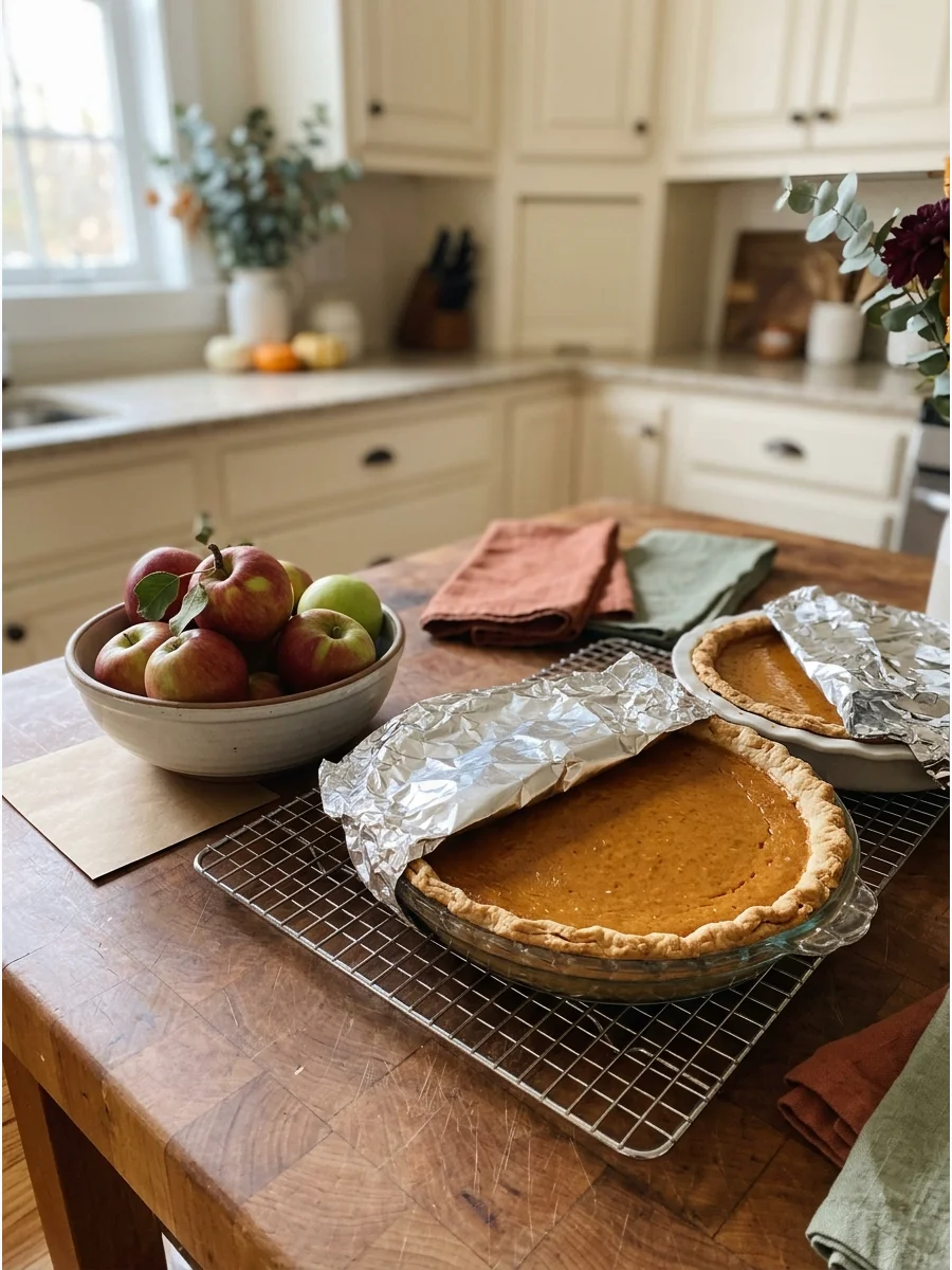 Two pumpkin pies on a cooling rack in a home kitchen.