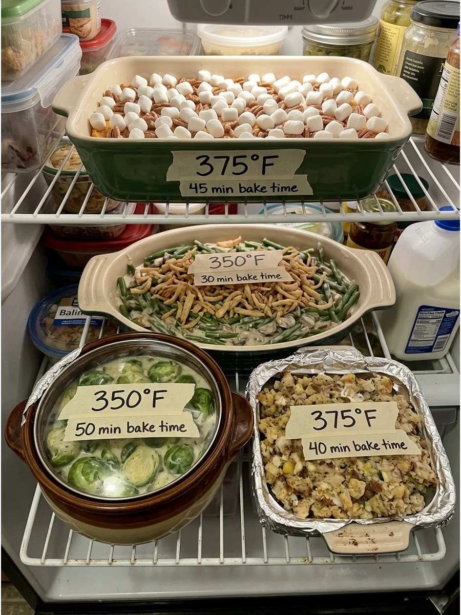 Prepared casseroles stored in a refrigerator for Thanksgiving.