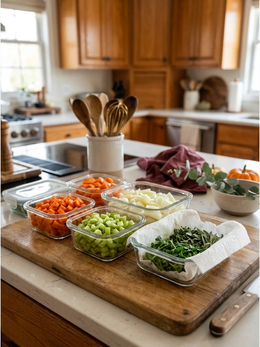 Glass containers of chopped vegetables on a kitchen counter.