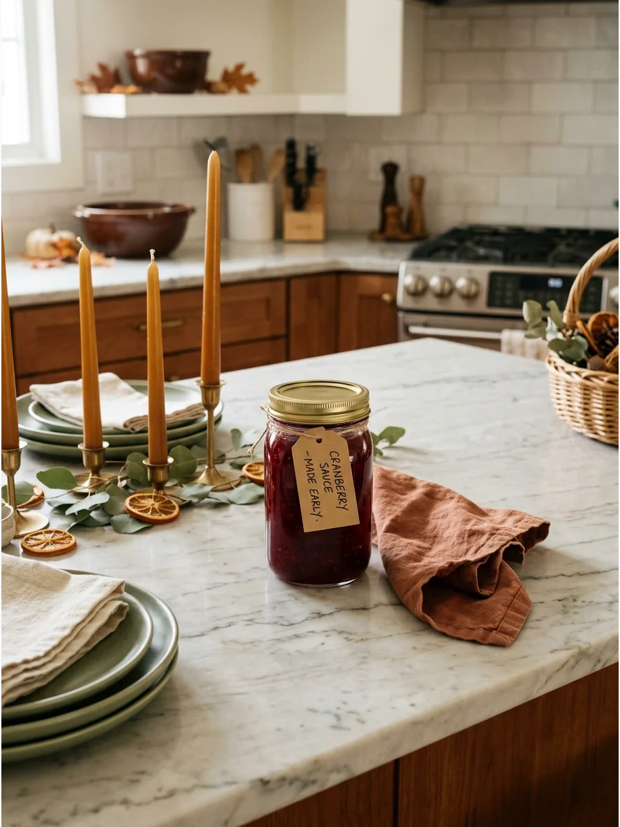 A jar of homemade cranberry sauce on a kitchen counter.