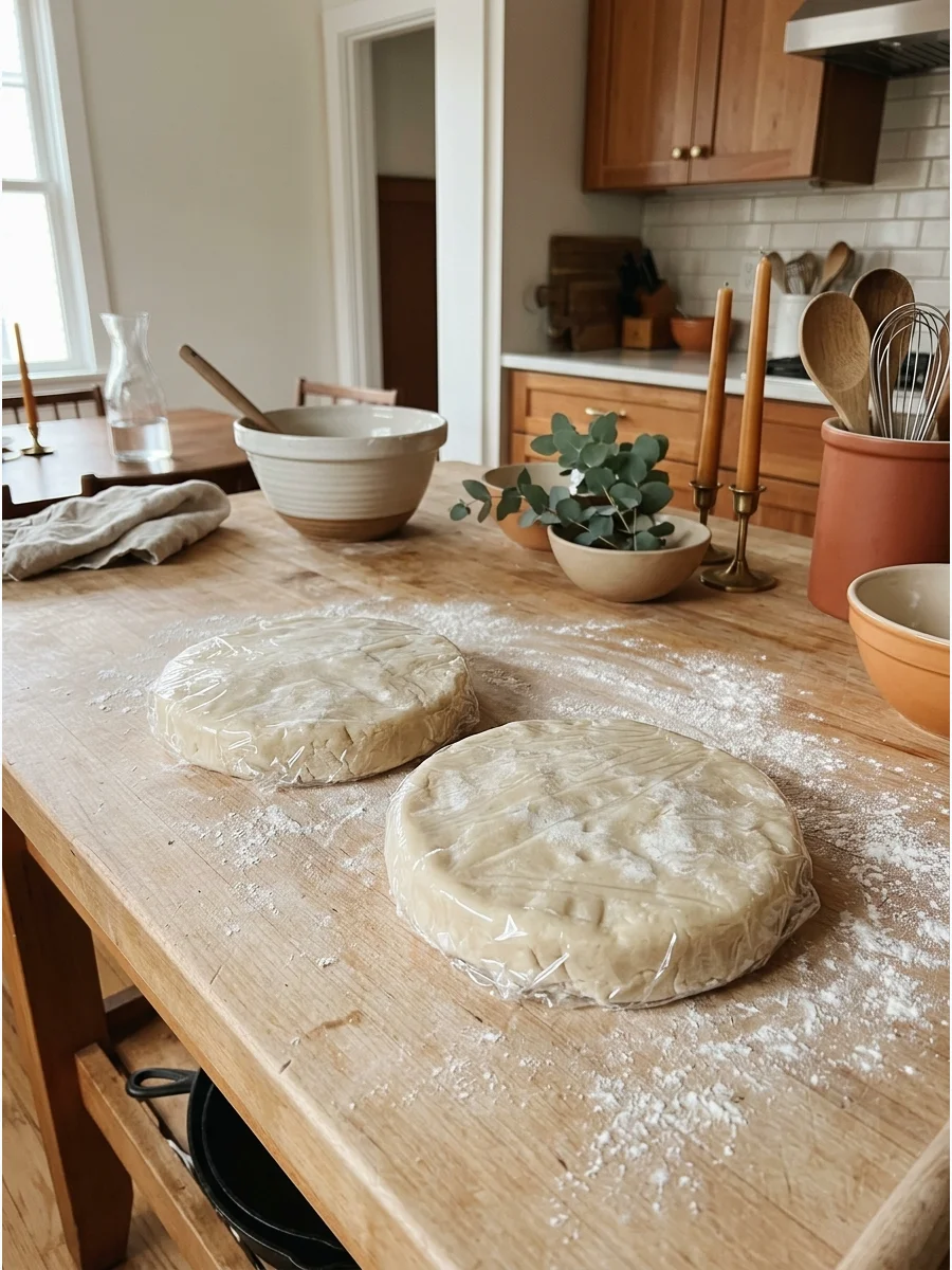 Wrapped pie dough disks on a floured surface.