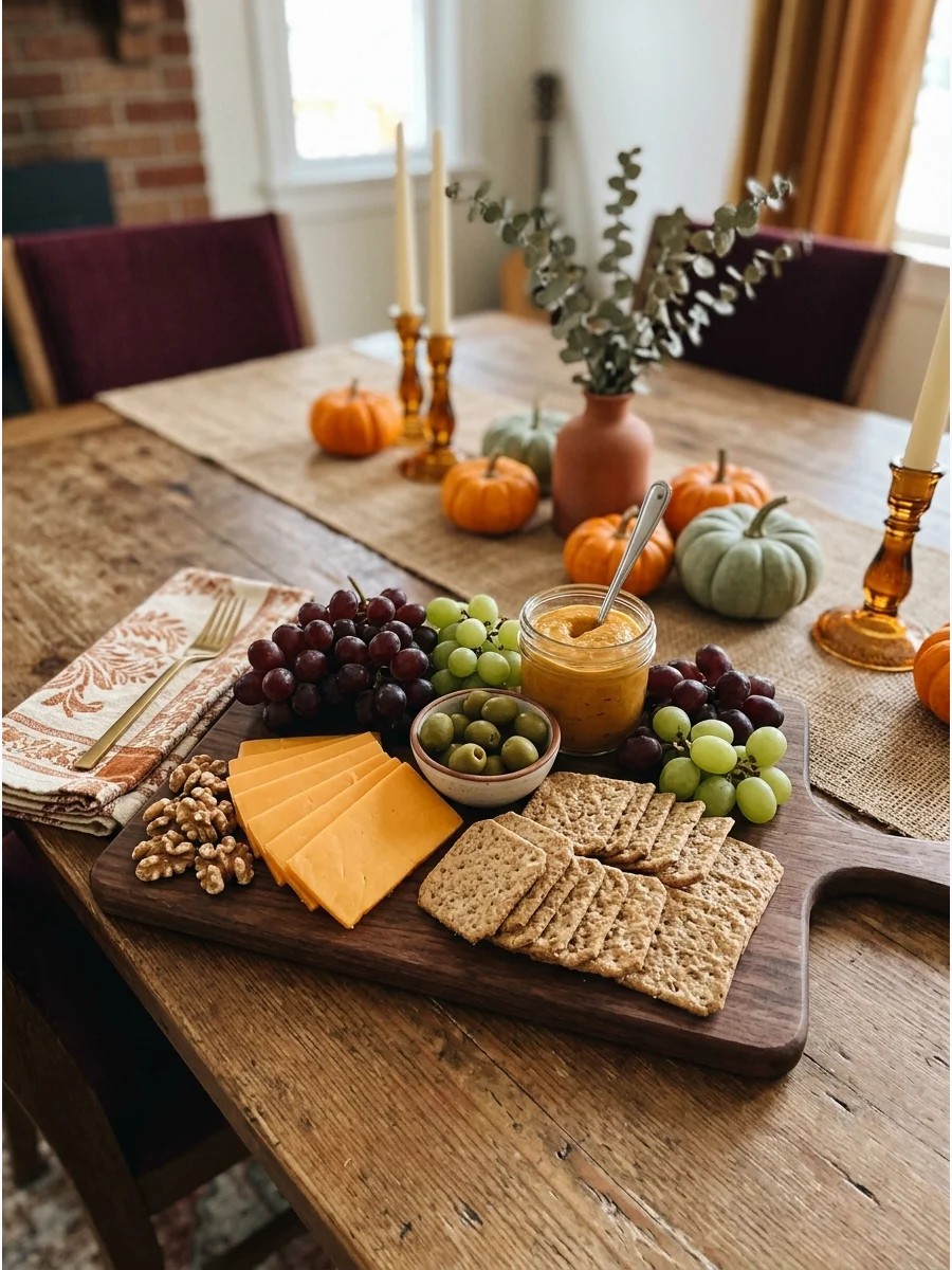 A cheese and fruit appetizer board on a wooden dining table.