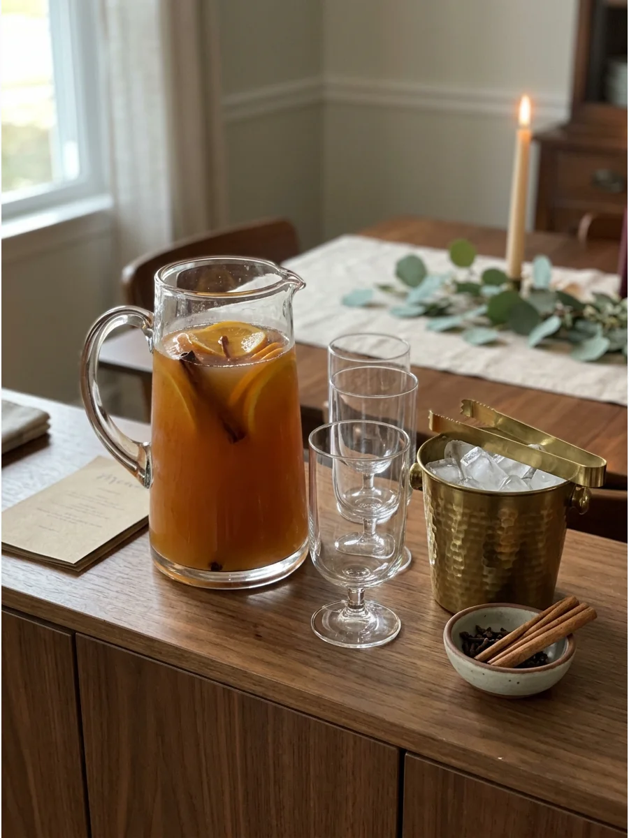 A pitcher of apple cider cocktail on a dining room sideboard.