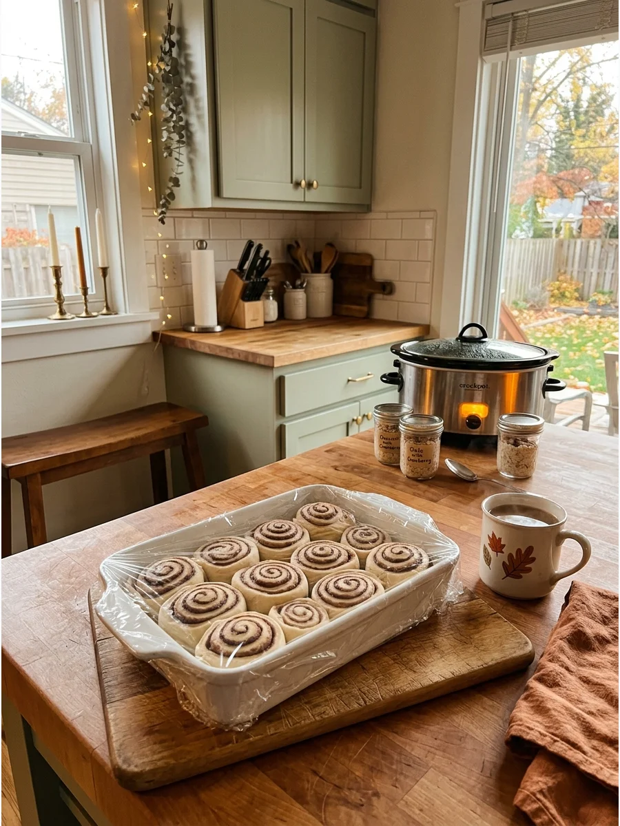 Unbaked cinnamon rolls in a dish on a kitchen table.