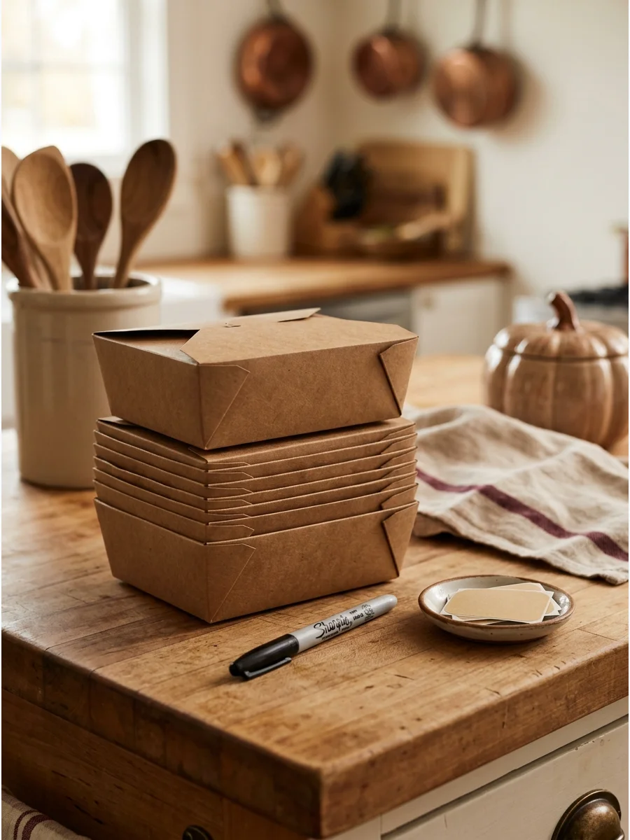 A stack of leftover containers on a kitchen counter.