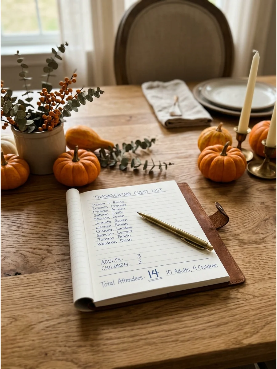 A handwritten guest list on a notepad sitting on a dining table.