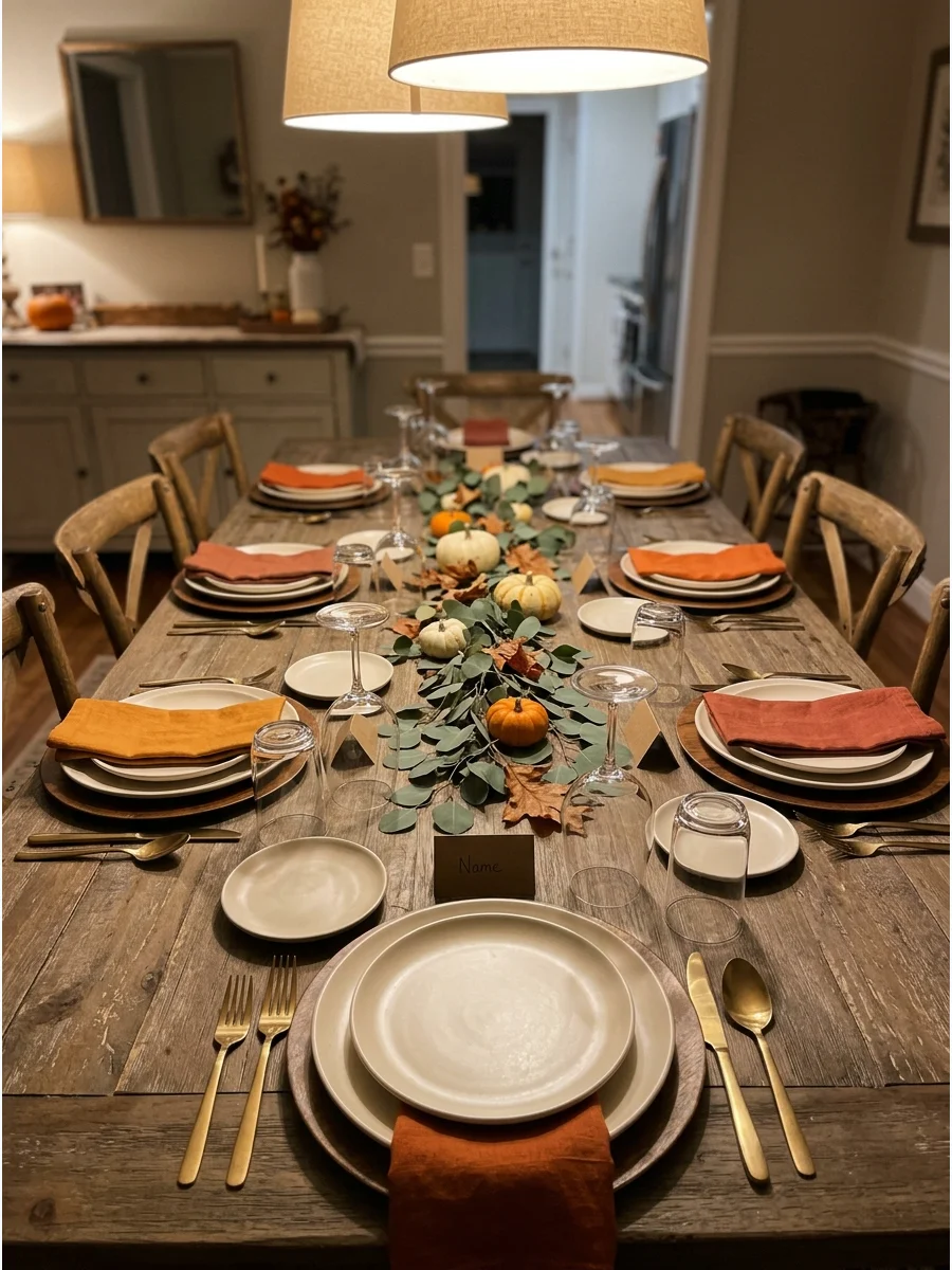 A fully set Thanksgiving dining table in a home.