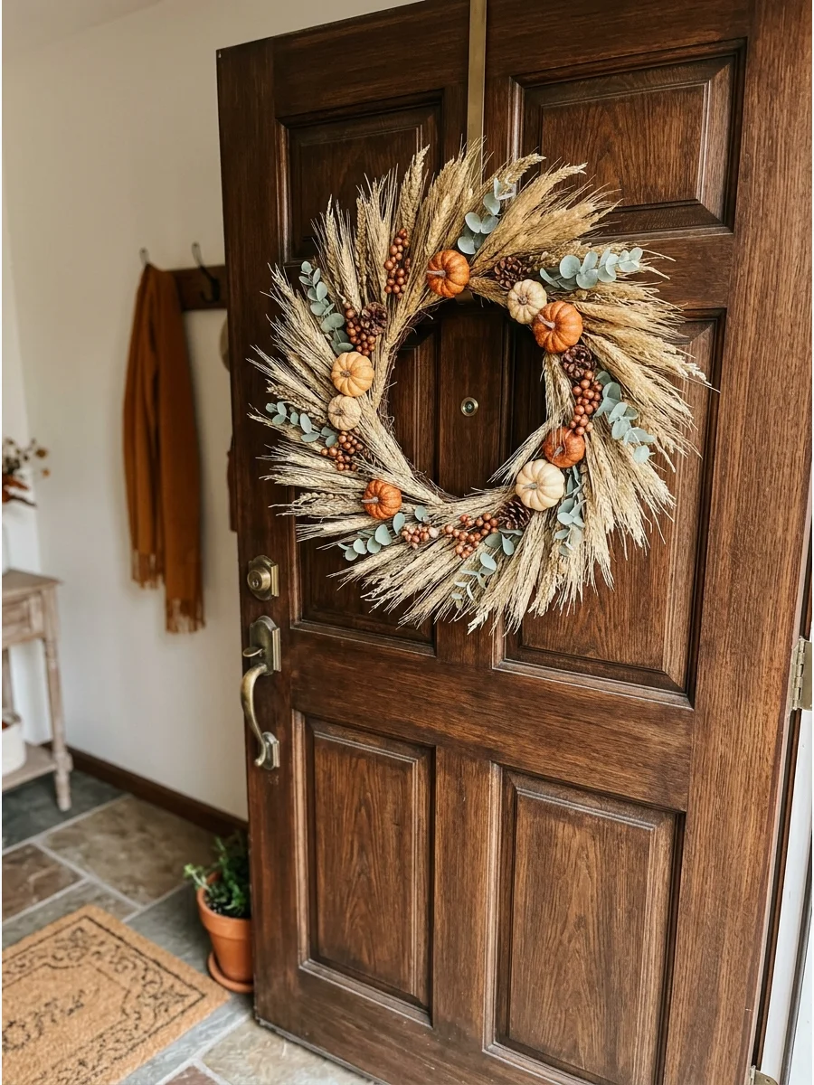 A simple wreath made of dried wheat hanging on a dark wood front door.