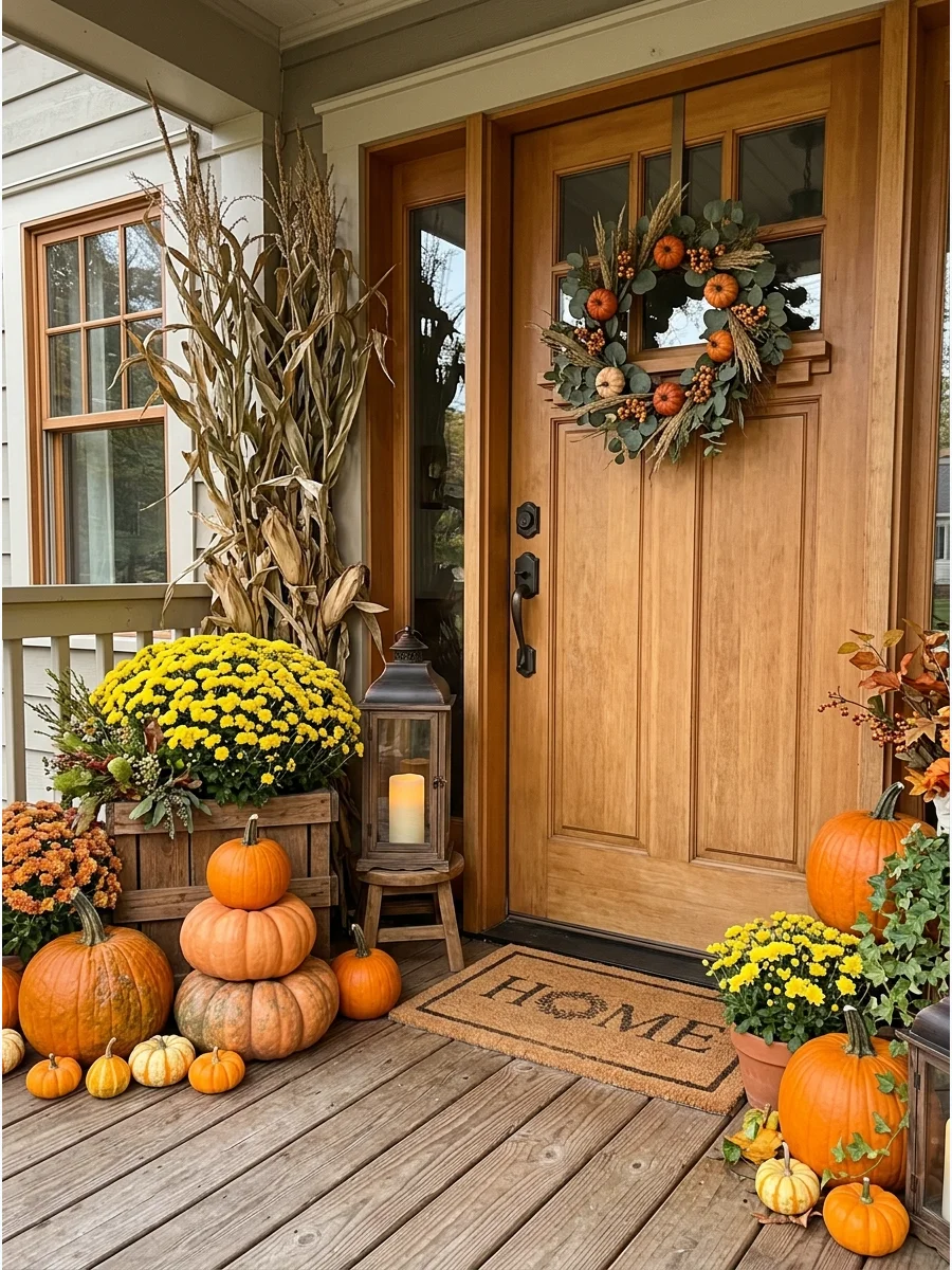A cozy front porch decorated with pumpkins, yellow flowers, and wooden crates.
