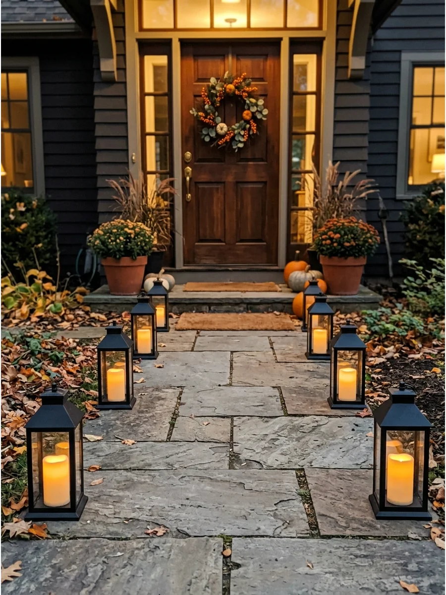 Black lanterns with glowing candles lighting a stone path to a front door.