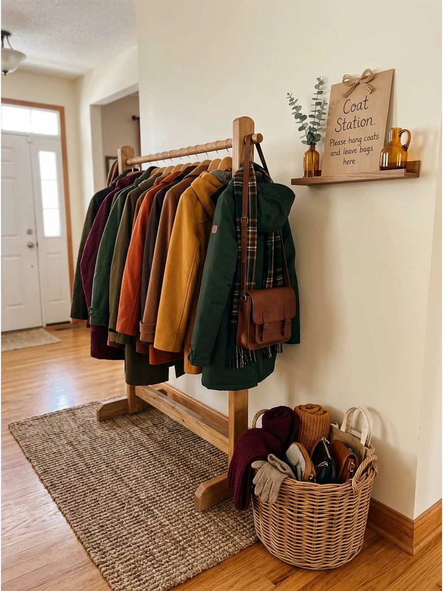 A tidy coat rack in a home hallway with several jackets and a woven basket.