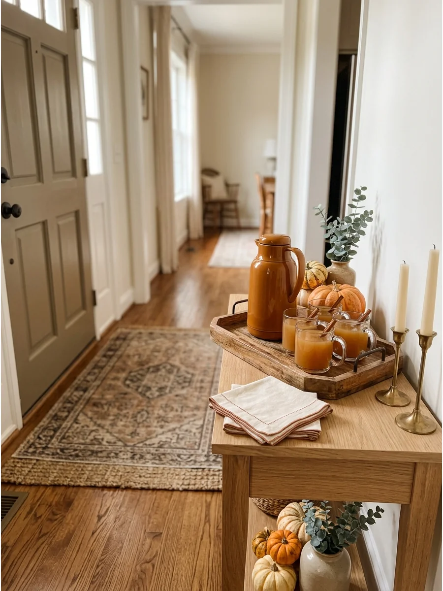 A tray of warm apple cider mugs on a small table in a home entryway.