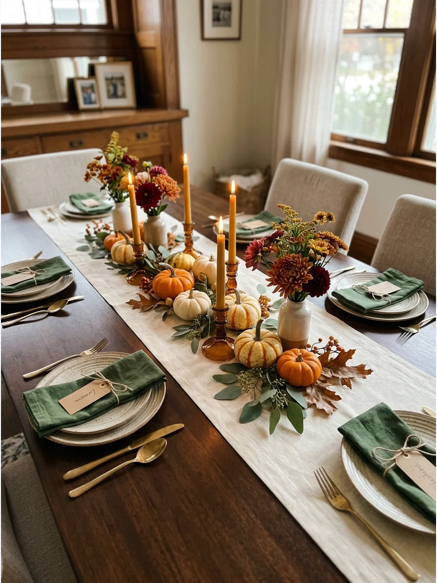 A cream-colored linen runner placed on a dark wood dining table.