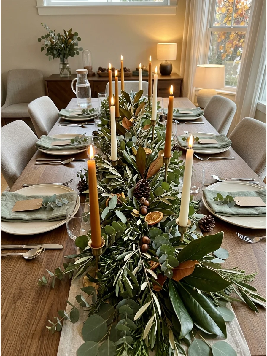 A long runner made of fresh green eucalyptus leaves on a dining table.