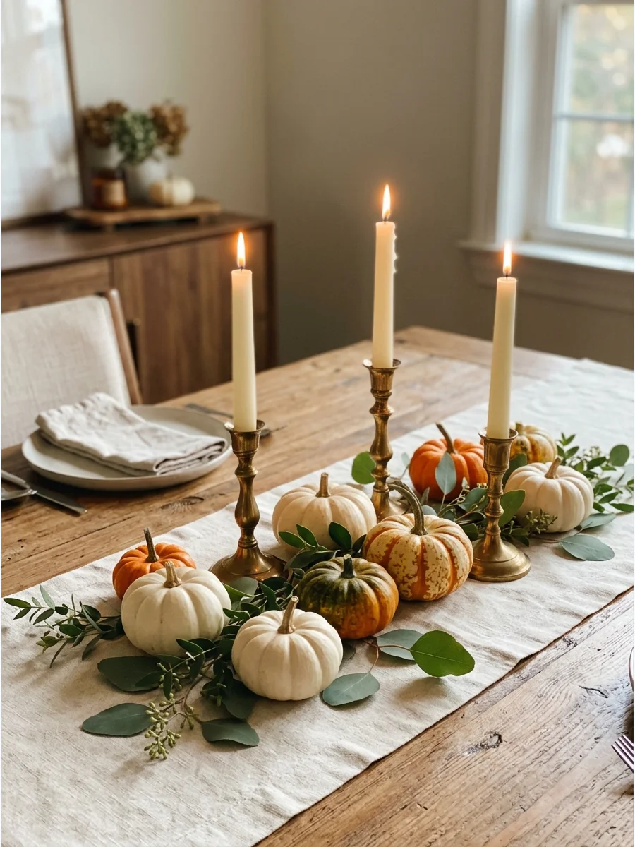 Small white and orange pumpkins used as table decor next to brass candles.
