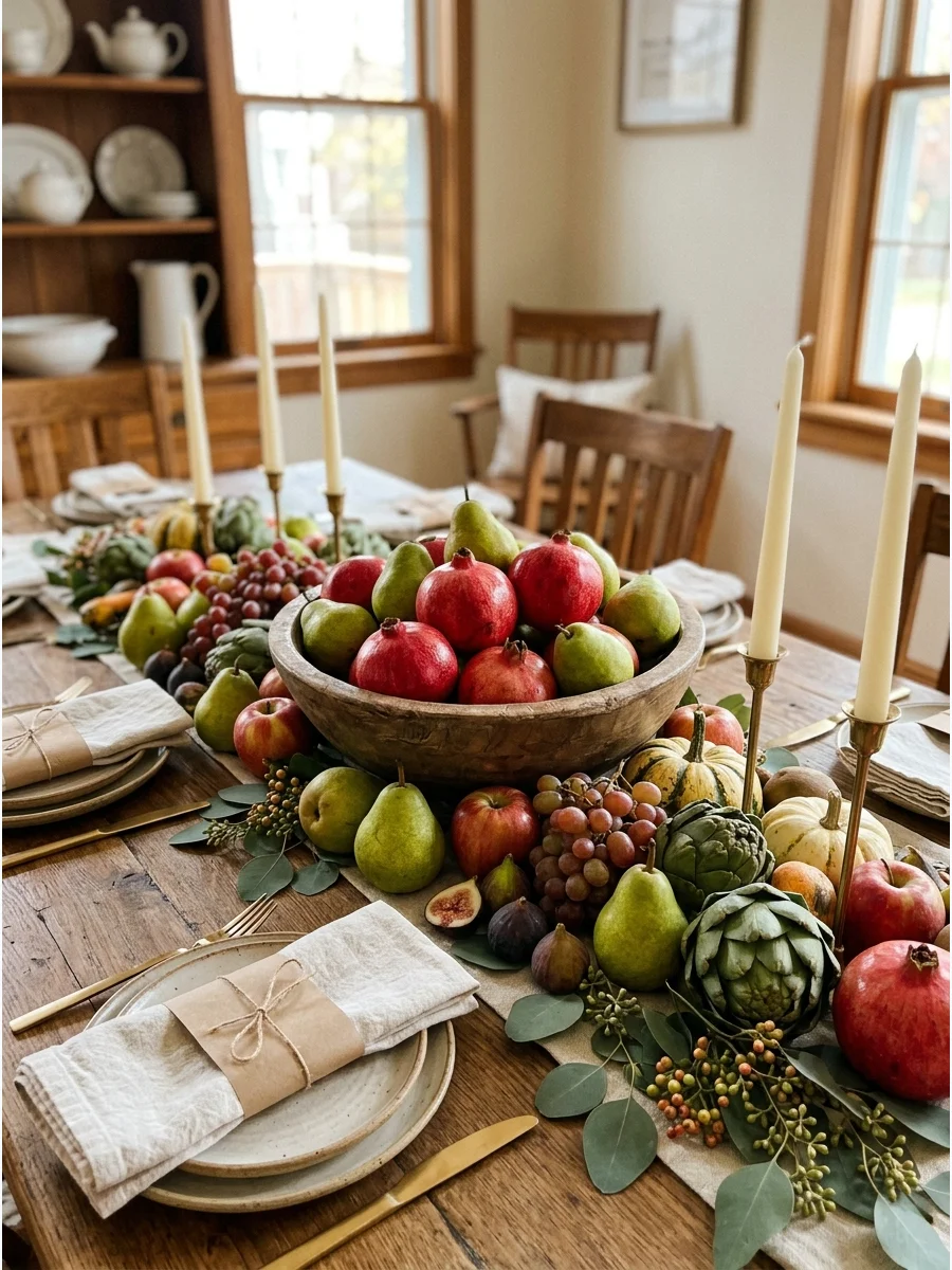 A wooden bowl filled with pomegranates and pears as a centerpiece.