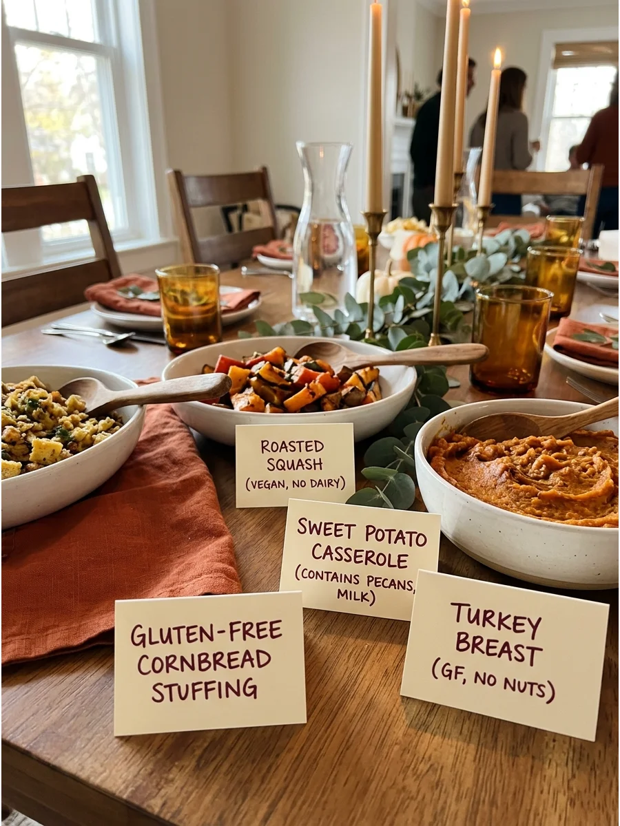 Food labels on a Thanksgiving table indicating dietary information.