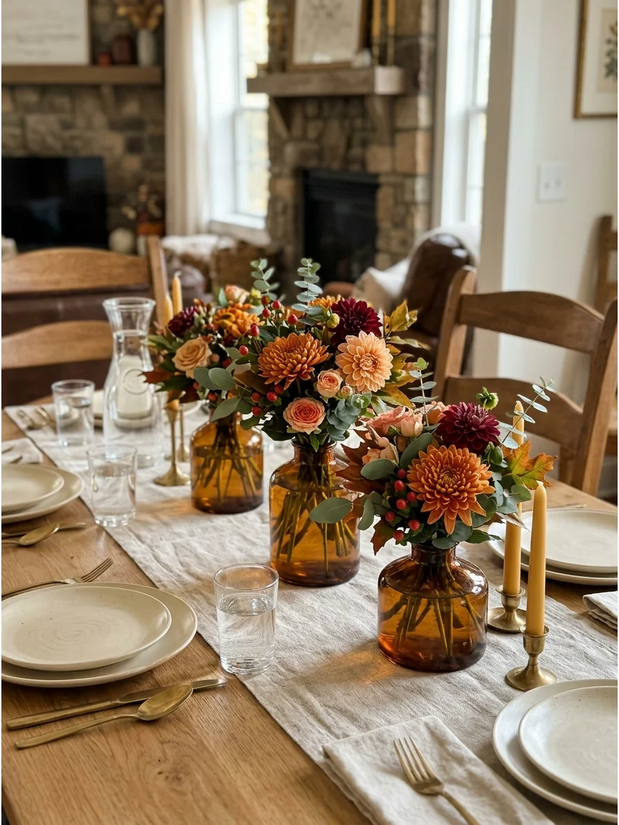 Three amber glass vases with orange flowers on a Thanksgiving table.