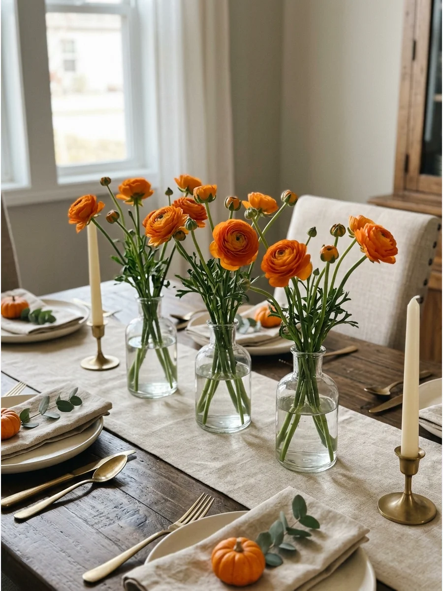Three small glass vases with orange flowers on a wooden table.