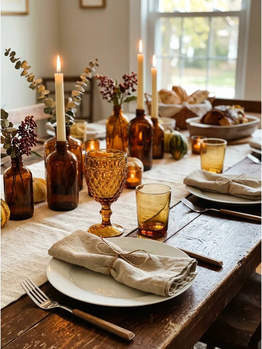 An amber glass goblet next to a white plate on a dining table.