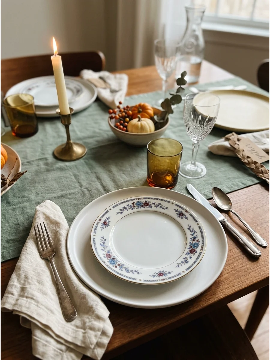 A modern white plate layered under a vintage floral salad plate.