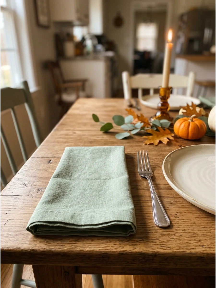 A sage green cloth napkin folded on a wooden dining table.
