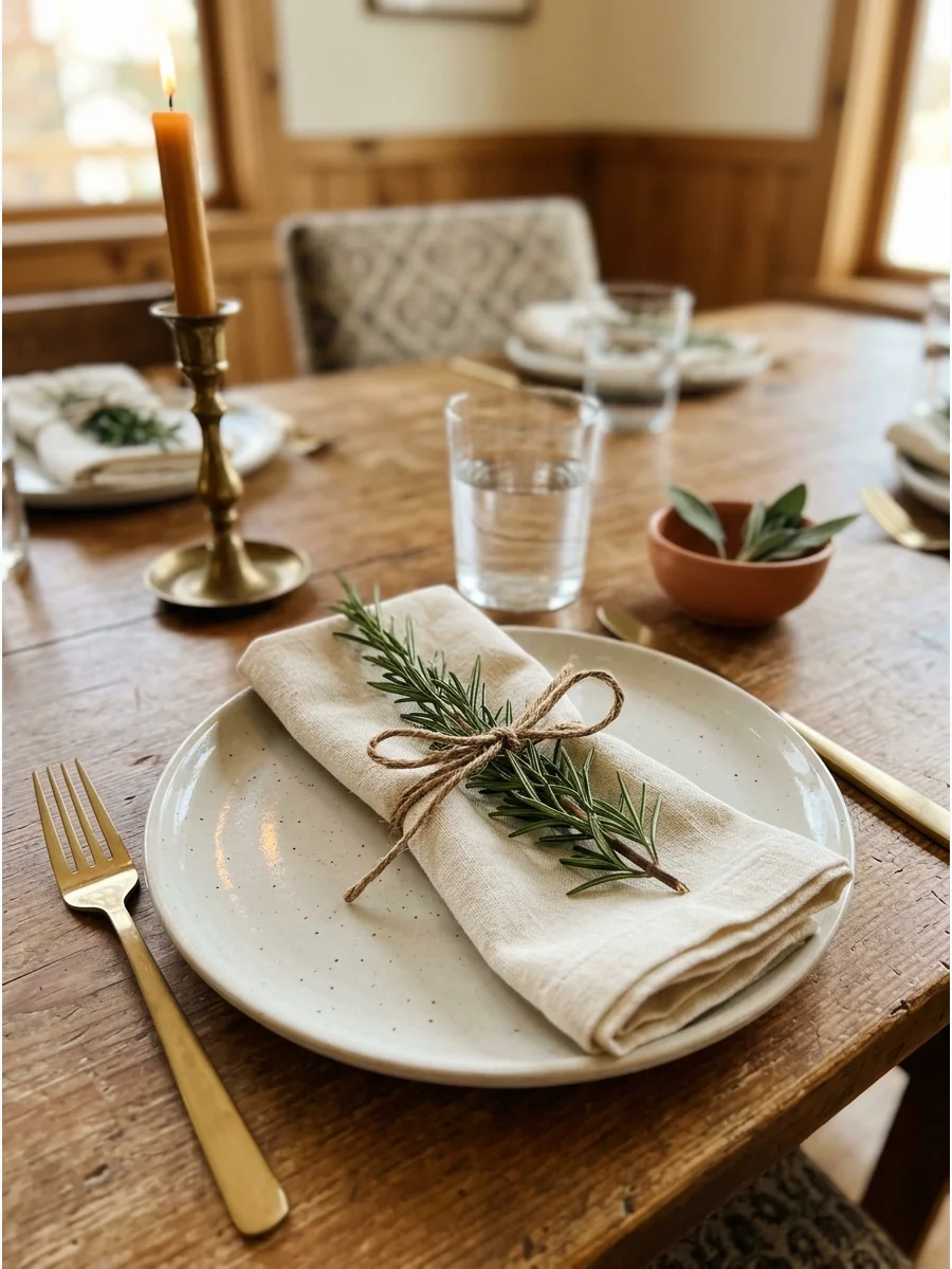 A sprig of rosemary tied to a cream cloth napkin with twine.
