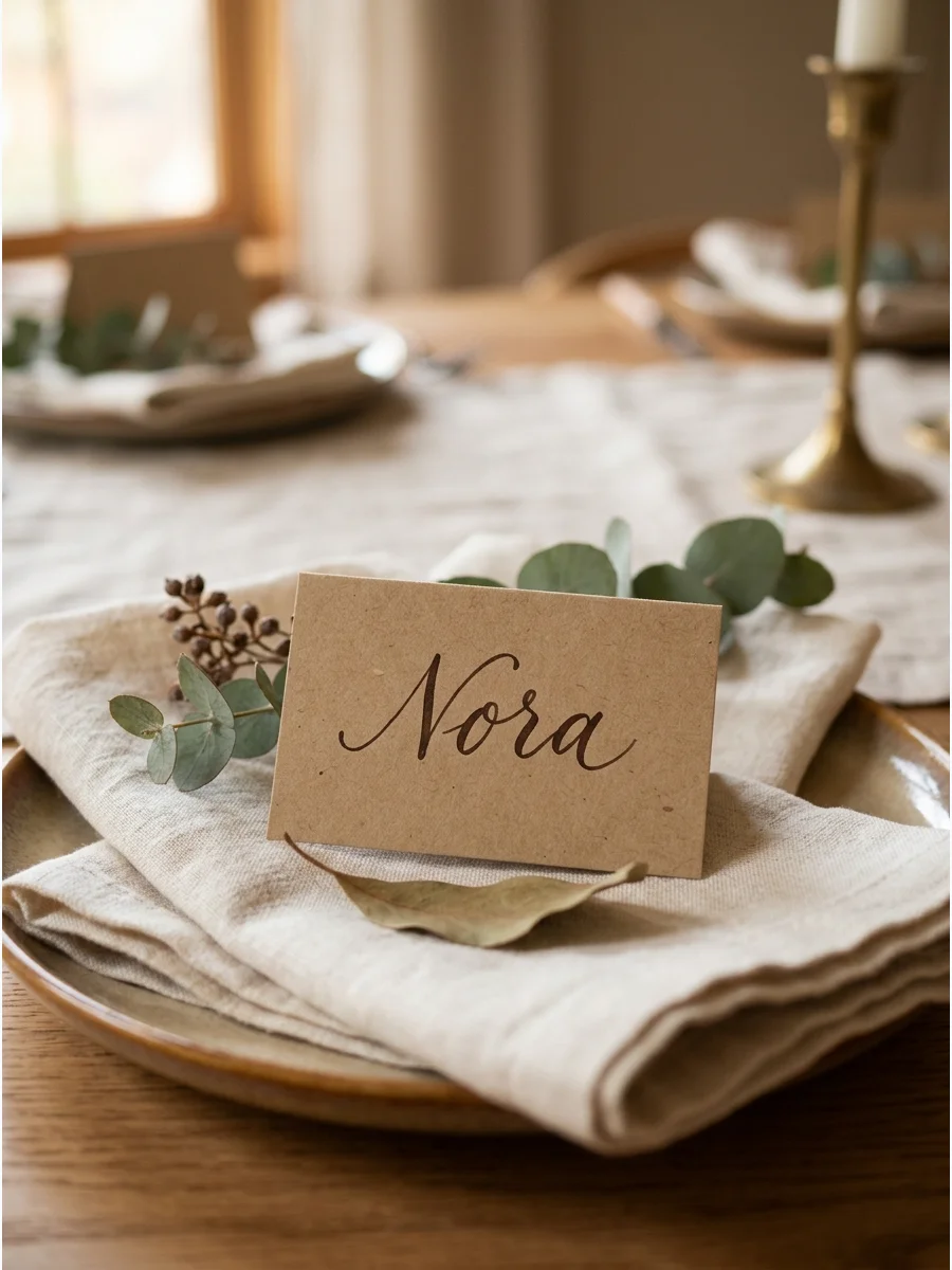 A kraft paper place card with a name written in cursive on a plate.