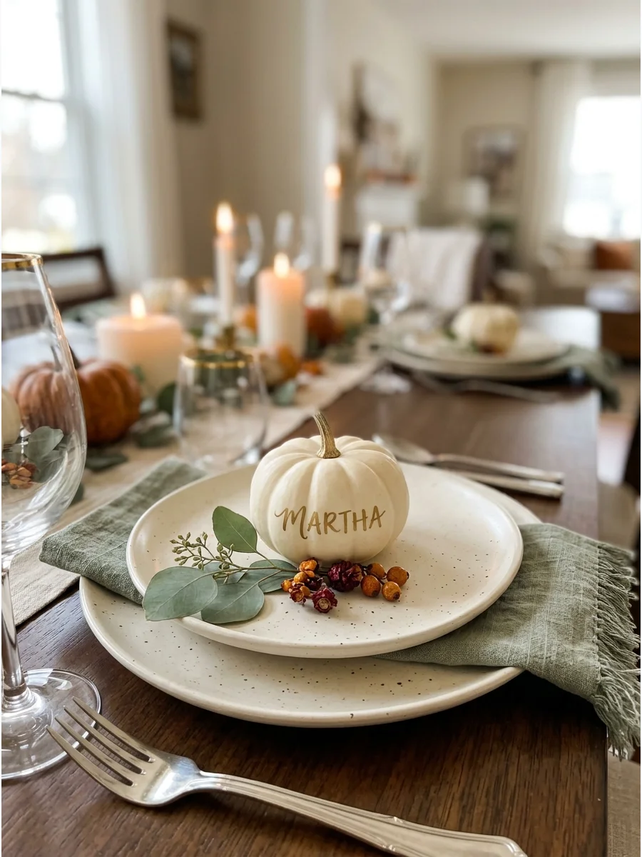 A small white pumpkin used as a place card on a dinner plate.