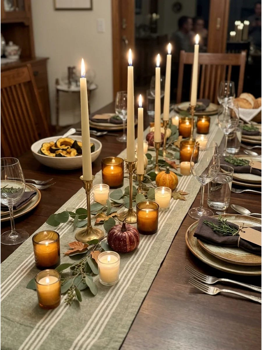 Tall cream taper candles in brass holders on a dining table.