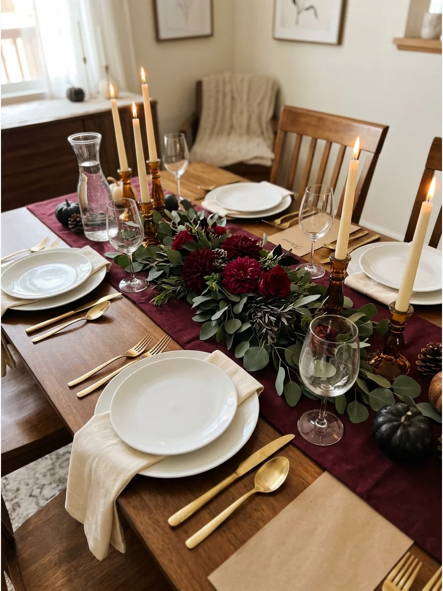 A dining table with a burgundy runner and gold silverware.