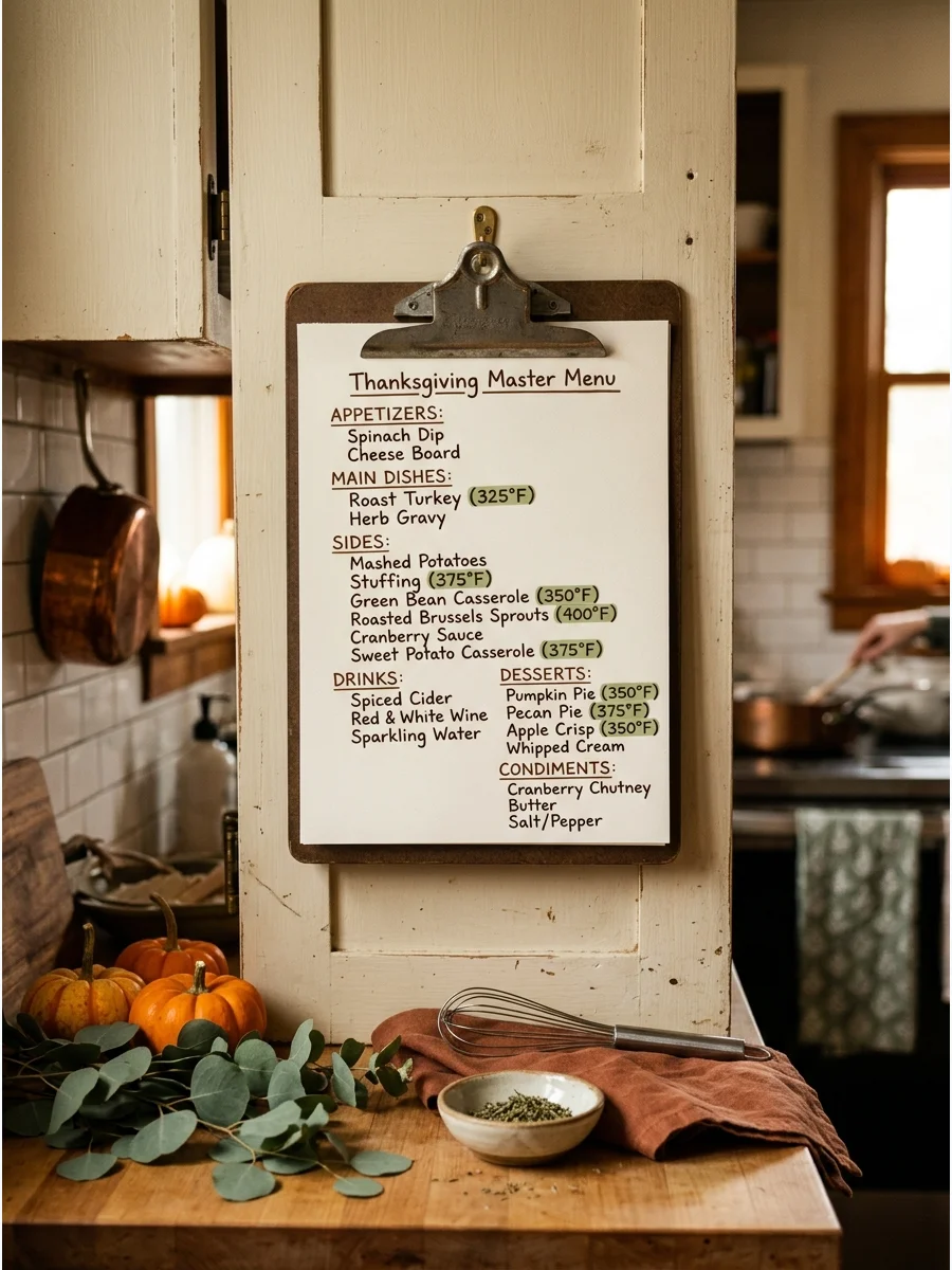 A master Thanksgiving menu on a clipboard hanging in a kitchen.