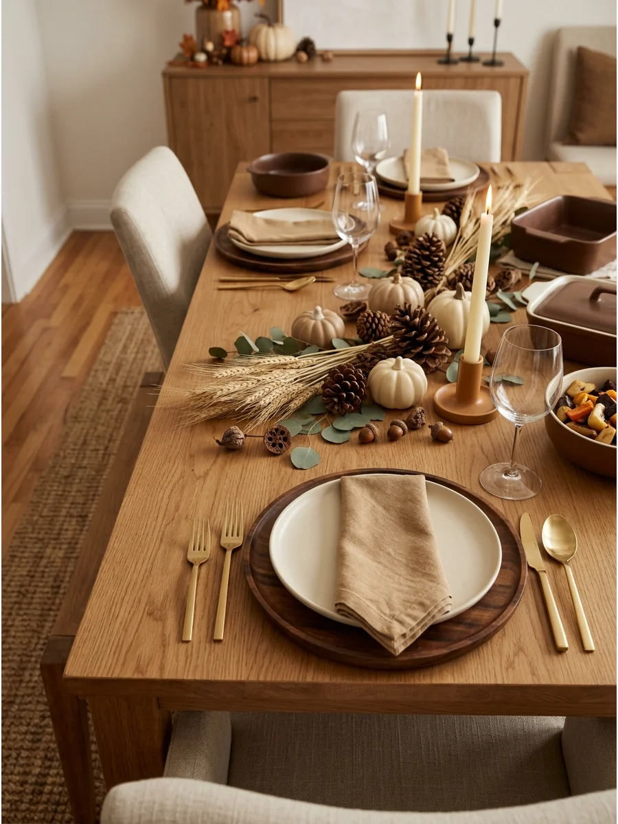 A neutral table setting with wood and cream elements.