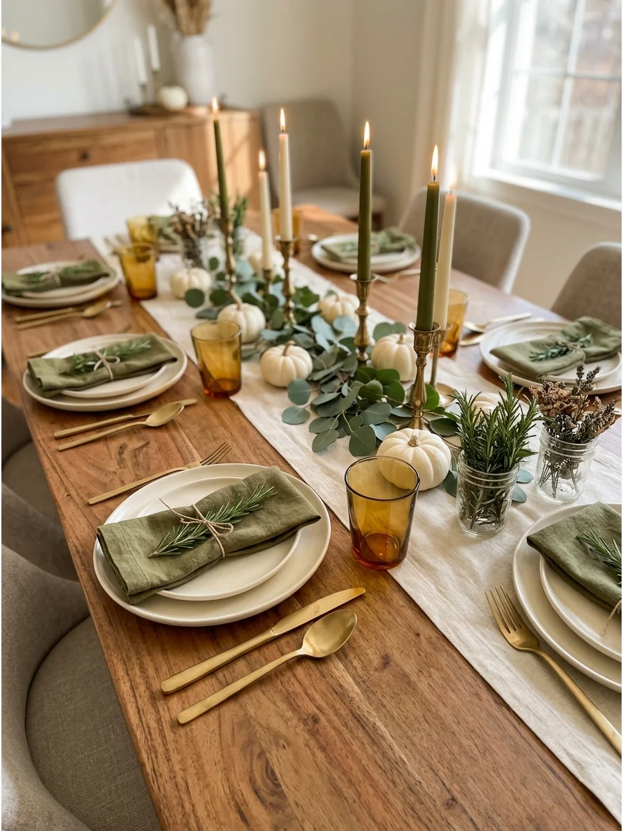 A of a Thanksgiving place setting featuring an olive-green napkin and brass utensils.