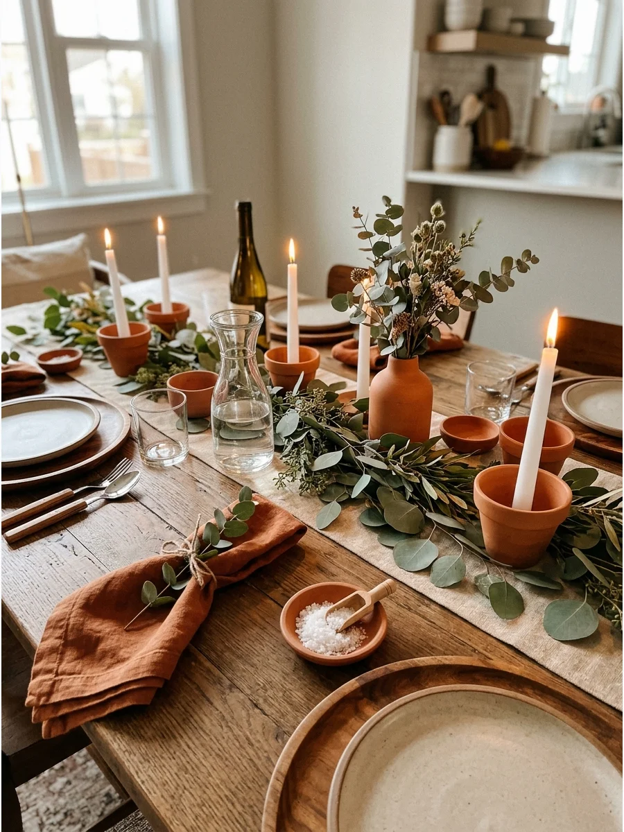 Small terracotta pots used as candle holders on a wooden Thanksgiving table.
