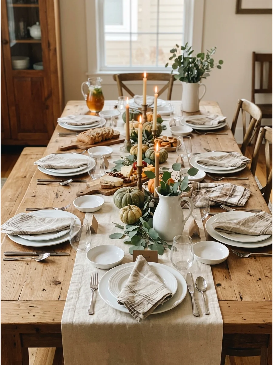 A rustic farmhouse-style Thanksgiving table with a linen runner and wooden surfaces.