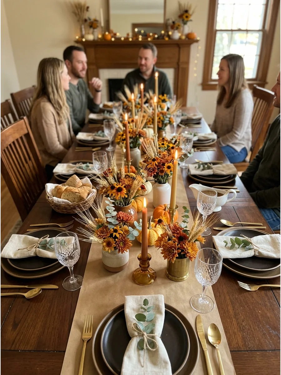 Low-profile Thanksgiving centerpiece featuring small vases and tea light candles.